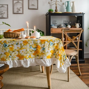 Pastoral Yellow Floral Tablecloth With White Ruffles Cotton Rectangular Round Table Cover For Dining Room Kitchen Home Decor