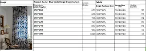 Size guide table for Bohemian blue dot curtains in varied lengths with 150cm width