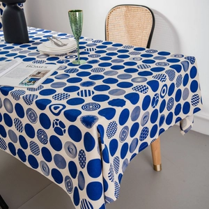 Modern beige cotton linen tablecloth with navy blue geometric polka dots for dining decor