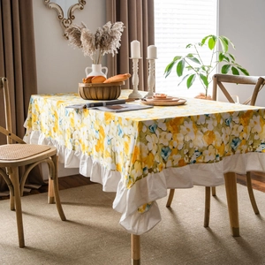 Floral rectangle tablecloth in yellow and blue with white ruffled edge for home dining
