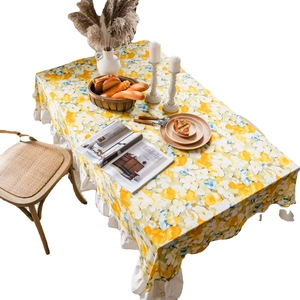 Pastel yellow floral rectangular tablecloth with vintage white ruffled edge for dining tables