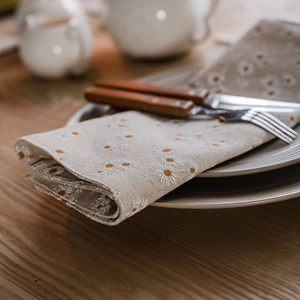 Linen table runner with white daisy floral print on beige fabric for dining table decor