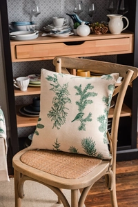 Linen blend square pillowcase with forest green pine needle and bird vintage prints