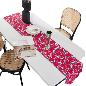 Chinese festive table runner with red and blue floral print on high-quality fabric