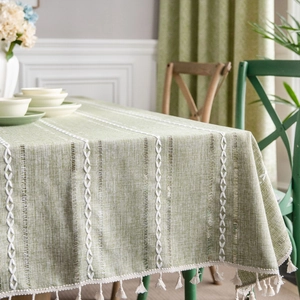 Green rustic cotton linen tablecloth with white embroidery stripes and beige tassels