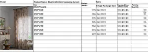 Size chart for blue floral semi-blackout curtains with weight and dimension details