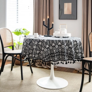 Boho Black White Geometric Round Tablecloth With Tassels Cotton Linen Thick Table Cover For Home Cafe Bar Dining Decor