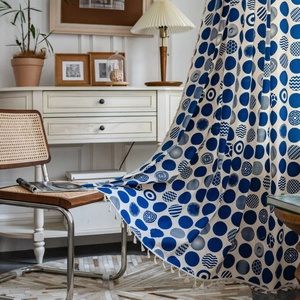 American Vintage Bohemian Blue Circle Printed Cotton Curtains With Tassels Decorative Shading Kitchen Window Treatments