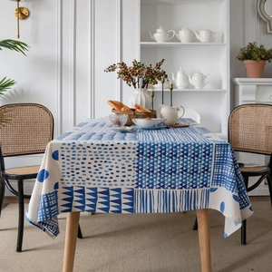 Modern Blue Geometric Patchwork Cotton Linen Tablecloth Rectangular Dustproof Decorative Table Cover For Kitchen Dining Room