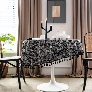 Nordic black geometric tablecloth with elegant tassels for coffee shop and dining table