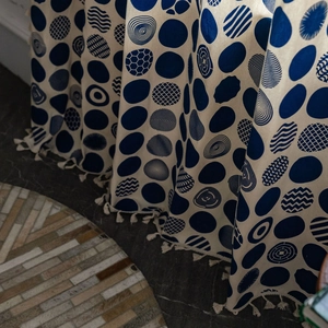 Bohemian blue dot printed window curtain with white tassels for kitchen and bay windows