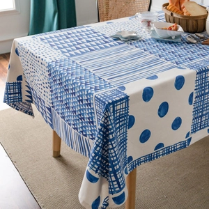 Blue geometric patchwork linen tablecloth with Nordic minimalist pattern for dining rooms