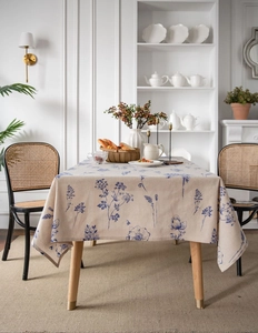 French country style linen tablecloth with blue floral prints and vintage bee patterns