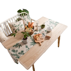 Linen table runner and cushion set with green pine needle print for dining decor