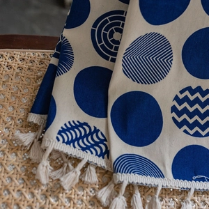 Bohemian blue polka dot print linen tablecloth with tassels for kitchen and home decor