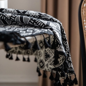 Black and white geometric jacquard tablecloth with thick fringes for cafes and bars