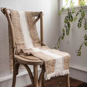 Rustic cotton linen table runner with tassel fringe and beige hollow lace patchwork