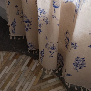 Blue floral print cotton linen curtain with tassel fringe in vintage French country style
