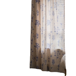 Blue botanical floral print curtains in cotton linen fabric for kitchen windows