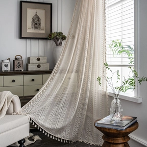 American Country Crochet Lace Curtains Cotton Hollow Out Floral Window Treatment With Tassels For Living Room Bedroom