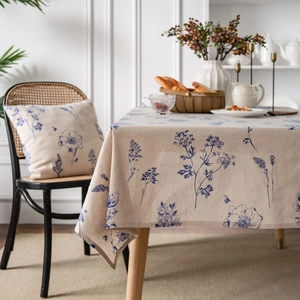 Linen rectangular tablecloth and pillowcase with blue floral botanical print in French style