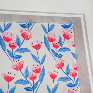 Floral door curtain featuring pink tulips and blue leaves on cotton linen fabric texture
