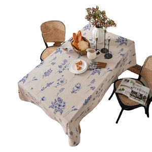 Linen rectangle tablecloth with blue floral print and bumblebee pattern for dining table