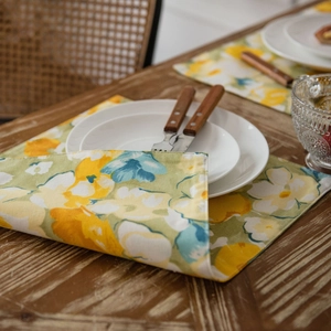 Floral table runner with yellow flowers on cotton linen fabric for home decor