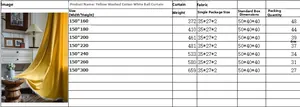 Size chart for yellow washed cotton curtain with white ball fringe and dimensions