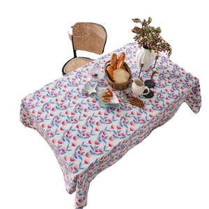 Pastoral rectangular tablecloth with pink floral print on white cotton linen fabric
