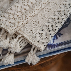 Beige crochet lace curtain with hollow geometric patterns and tassels for home decor