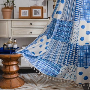 Böhmischer Blau Geometrischer Patchwork Bedruckter Baumwollvorhang Mit Quasten Für Küche Schlafzimmer Wohnzimmer Haus Fenster Dekor
