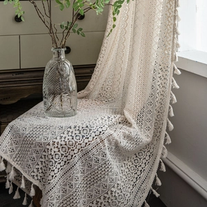 Beige crochet lace curtain with fringe edge for rustic living room window decoration