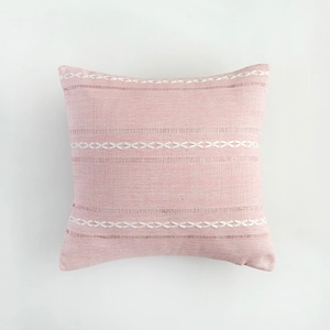 Pink minimalist embroidered square throw pillow cover with white stripe pattern
