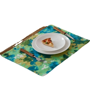 Green tie-dye camo print cotton linen placemat with ceramic plates and cutlery set