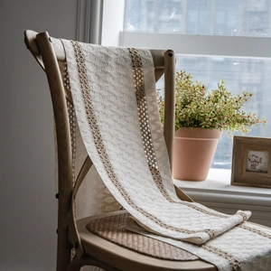 Linen cotton striped table runner with woven fringe in natural American style