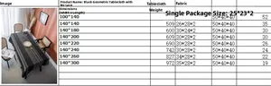 Size chart for black and white geometric cotton linen tablecloth showing weight and dimensions