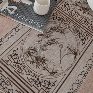 Chinese style woven table runner with bamboo ink pattern and beige jacquard texture