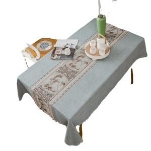 Light blue linen tablecloth with traditional Chinese bamboo floral print for dining table