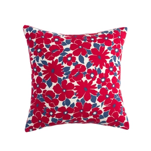 Square throw pillow cover with elegant red and blue floral print on white background