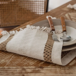 Boho cotton linen table runner with brown stripes and decorative fringe tassels