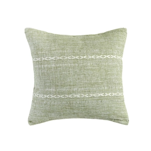 Green striped throw pillow case with white embroidered patterns for sofa decor