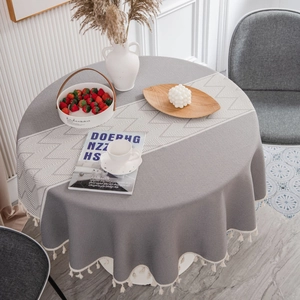 Round Cotton Tablecloth Geometric Jacquard Dining Cover With Tassel Fringe For Kitchen Cafe Home Decor Dustproof