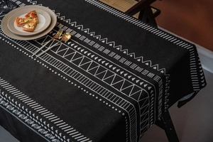 Detail of bohemian black and white geometric pattern on thick cotton linen tablecloth