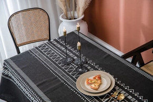 Detail of bohemian black and white geometric pattern on premium cotton linen tablecloth