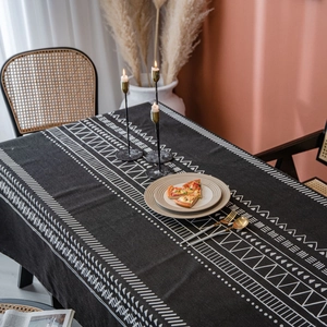 Bohemian black cotton linen tablecloth with white geometric patterns for modern dining tables