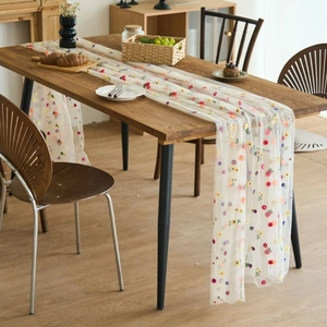 French vintage lace table runner with colorful floral embroidery on white mesh fabric