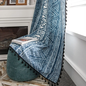 Bohemian blue geometric print cotton linen curtain with black decorative tassels