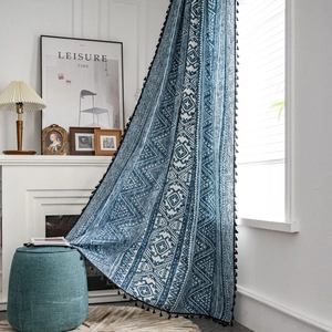 Bohemian style blue geometric curtains with black tassel fringe on cotton linen fabric
