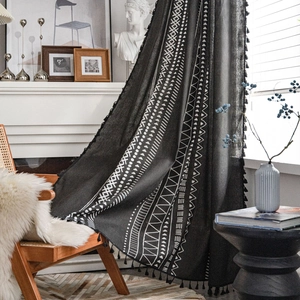Tenda per Porta in Cotone e Lino con Stampa Geometrica Bohémien e Nappine Nere Motivo Tribale Tenda da Finestra per Arredo Casa